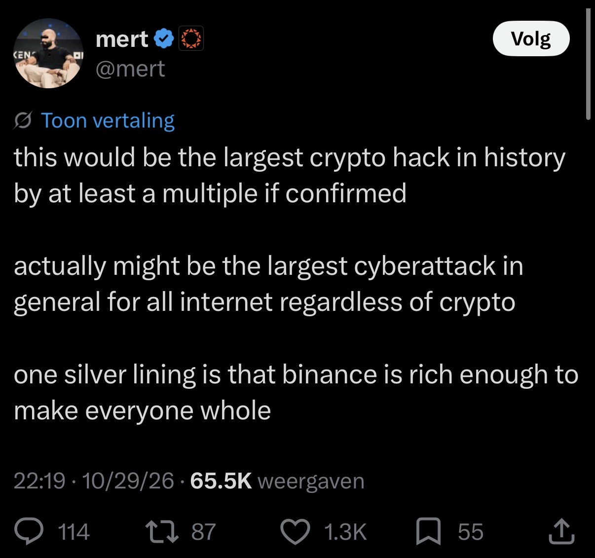 Screenshot of a post speculating about the scale of a reported crypto hack